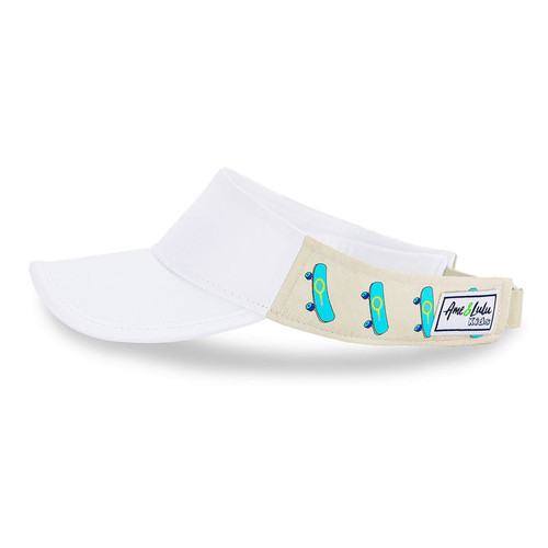 Side view of grey kids visor with blue skateboards printed on the sides.