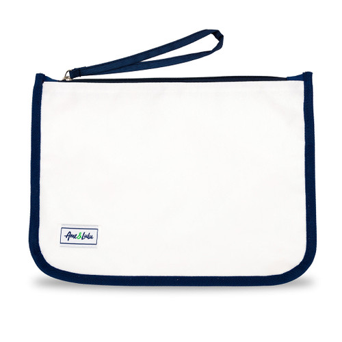 front view of white wet dry bag with navy wrist strap and navy trim