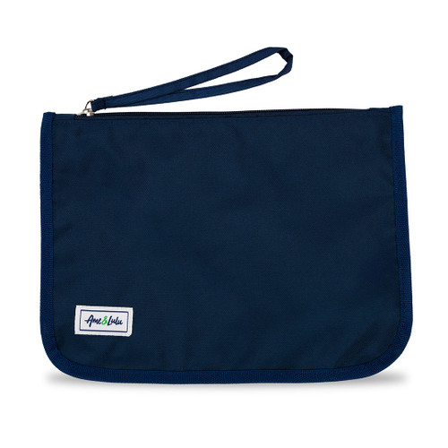 front view of navy shore thing wet dry bag with navy wrist strap