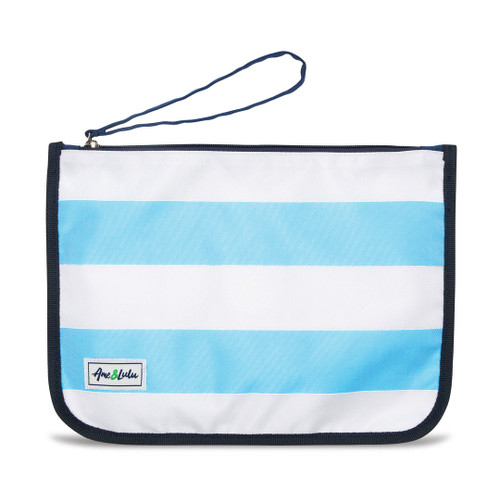light blue and white striped nylon zip pouch with wrist strap