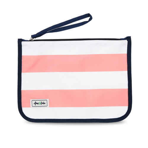 coral and white striped nylon zip pouch with wrist strap