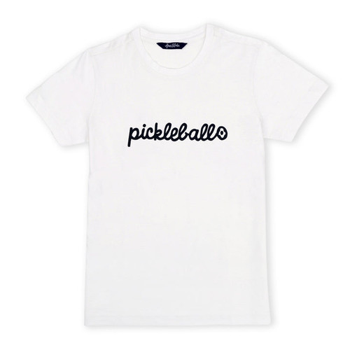 White t-shirt lays flat on a white background with the word pickleball embroidered in navy on the front in cursive