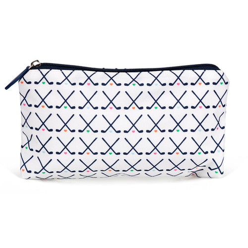 Front view of white small nylon makeup pouch with navy crossed golf club pattern printed on bag