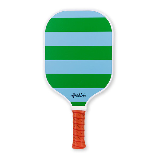Blue and green striped pickleball paddle with tan faux leather handle