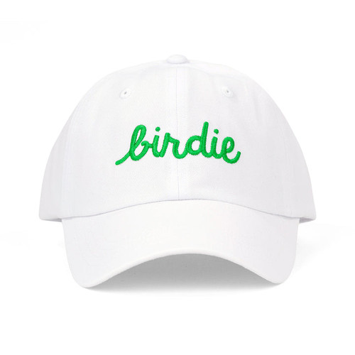 White baseball hat with the word birdie embroidered on the front in a green cursive font
