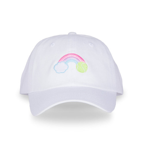 Front view of white kids baseball hat with rainbow and tennis ball embroidered on front