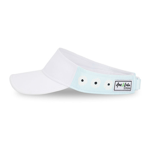 Side view of light blue kids visor with white daisies and navy tennis balls printed on sides.