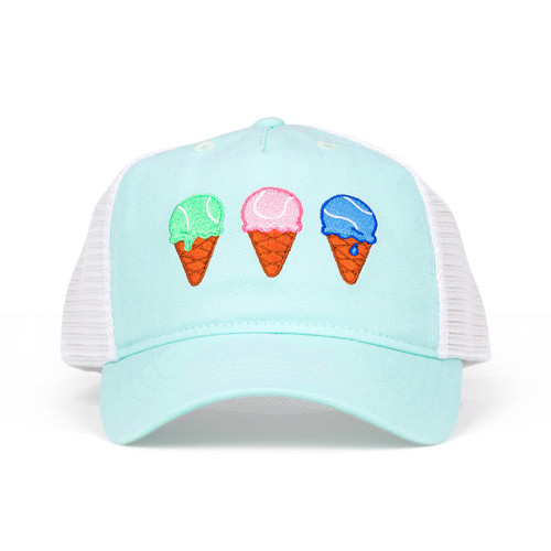 Front view of light blue kids trucker hat with green, pink and blue ice cream cones embroidered on front.