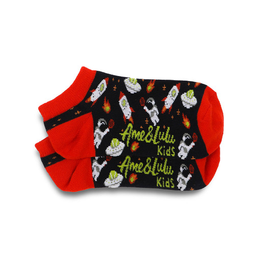 pair of navy kids socks with red heel and toes with planet pattern stitched on socks