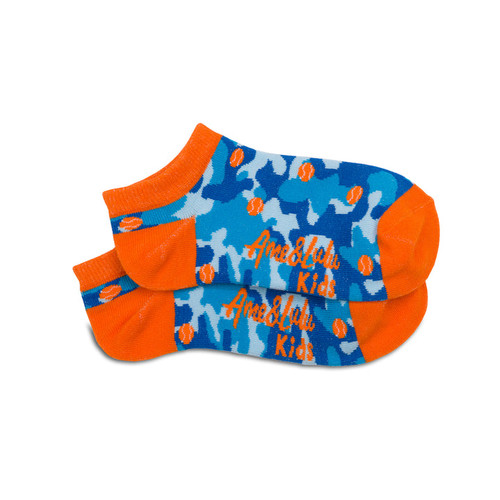 pair of blue camo kids socks with orange heel, toes and orange tennis balls stitched on socks