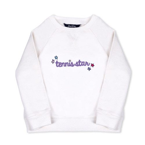 flat laying white kids sweatshirt with the word tennis star embroidered in purple cursive font on front