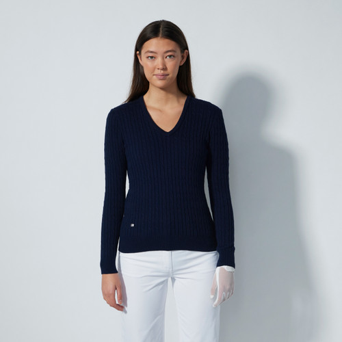 DS Madelene Dark Navy Cable Knit V-Neck Sweater F25