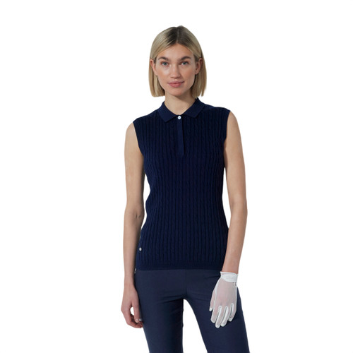 DS Madelene Dark Navy Cable Knit Sleeveless Polo Shirt F25