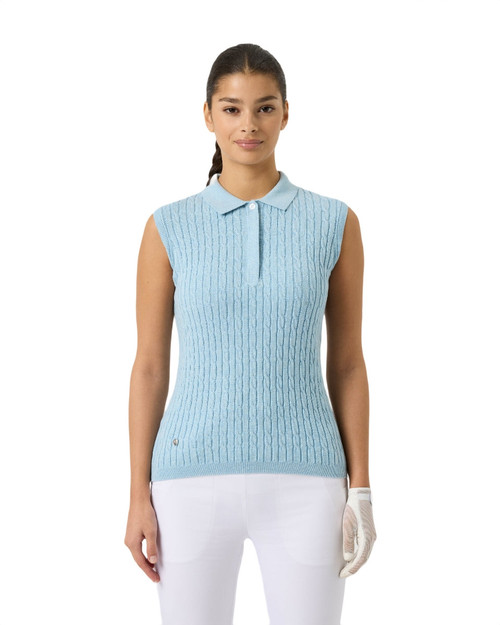 Madelene Breezy Blue Cable Knit Sleeveless Polo Shirt image 1