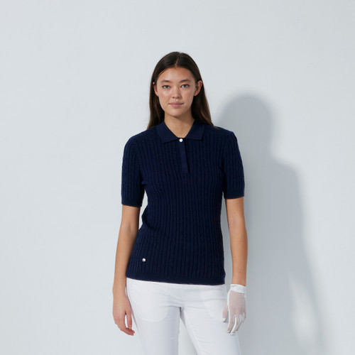 DS Madelene Dark Navy Cable Knit Short Sleeve Polo Shirt F25