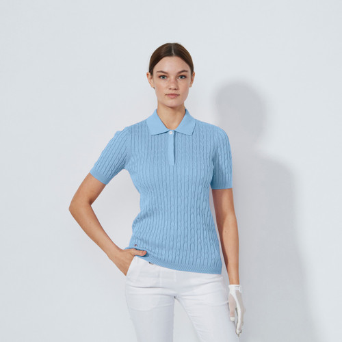 DS Madelene Blue Heron Cable Knit Short Sleeve Polo Shirt