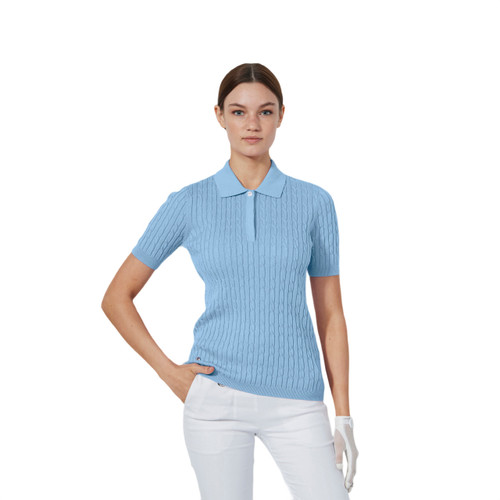 DS Madelene Blue Heron Cable Knit Short Sleeve Polo Shirt