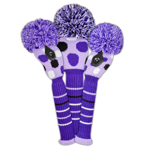 Just4Golf Dot Knit Headcover Set (Driver, Wood, Hybrid) - Purple, Black & White