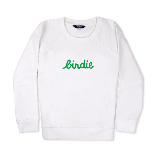 White sweatshirt lays flat on white background with green text reading birdie embroidered on the front