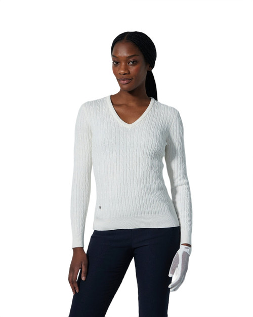 Madelene White Cable Knit V-Neck Sweater image 1