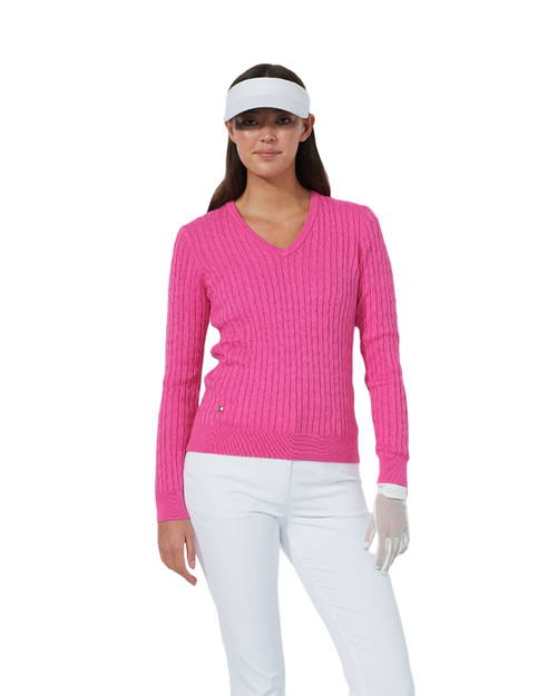Madelene Radiant Pink Cable Knit V-Neck Sweater image 1