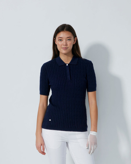 Madelene Cable Knit Short Sleeve Polo Shirt PS26 Navy image 1