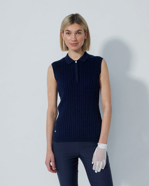 Madelene Cable Knit Sleeveless Polo Shirt PS26 Navy image 5