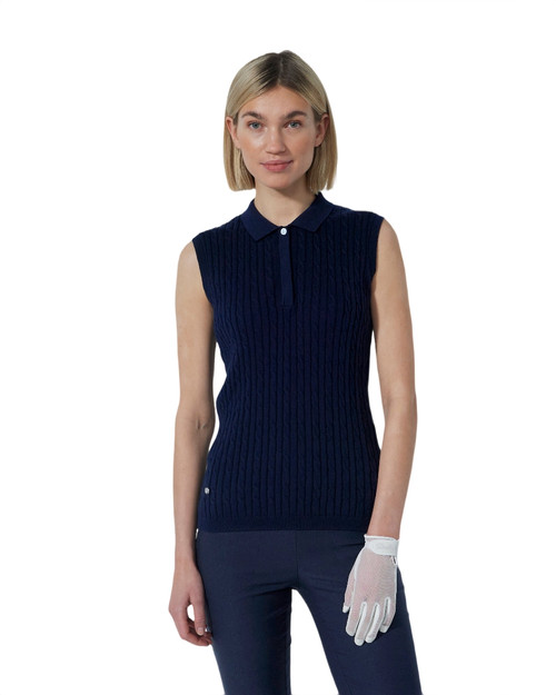 Madelene Cable Knit Sleeveless Polo Shirt PS26 Navy image 5