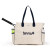 Front view of canvas tennis racquet tote bag with tennis racquet in bag. Front of the tote has embroidery that reads tennis in cursive font.