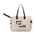 Front view of love all court bag. Large canvas tennis tote with the phrase "game set match&
