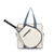 Front view of canvas tennis tote with pocket for tennis racquet. Straps are navy and blue.