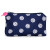 Front view of navy nylon small makeup pouch. Pouch has white pickleball printed on it and a hot pink pickleball paddle zipper.