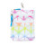 front view of white small pouch with rainbow tie dye pattern and blue zippers