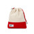 tan canvas small drawstring pouch with red trim.