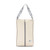 rectangular tan canvas shoe bag with grey camo handles.