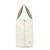rectangular tan canvas shoe bag with rainbow striped handles.