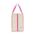 rectangular tan canvas shoe bag with hot pink handles.