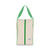 rectangular tan canvas shoe bag with lime green handles.