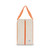 rectangular tan canvas shoe bag with orange handles.