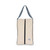rectangular tan canvas shoe bag with navy handles.