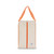 rectangular tan canvas shoe bag with orange handles.