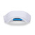 Front view of white visor with blue and navy striped adjustable strap on the back.
