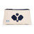 Front view of small natural canvas makeup pouch. Navy crossed paddles are embroidered on the front and navy trim on the zipper.