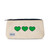 Front view of small canvas makeup pouch with navy zipper. Front has three green hearts printed across front.