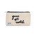 Front view of small canvas makeup pouch with navy zipper. Front has the words game set match embroidered on.