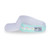 Side view of light blue kids visor with rainbows and tennis balls printed on the sides.