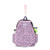 Front view of a light pink kids tennis backpack with pink and purple shooting stars and tennis balls on bag.