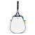 Front view of white tennis backpack with racquet pocket. Bag has navy trim and green zipper pulls.