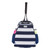 Front view of navy and white striped tennis backpack with a tennis racquet in the front pocket. There is a water bottle and tennis balls in the side pockets.