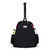 Front view of black game on tennis backpack with coral zippers. Front pocket hold tennis racquets.